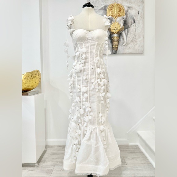 ZIMMERMANN Petal Appliqué Linen Silk Corset Gown White Midi Dress - Picture 6 of 16